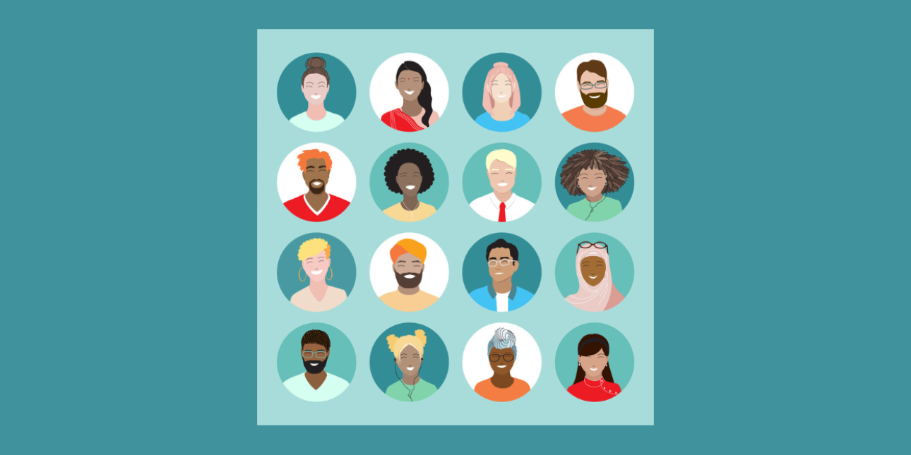 Illustration of twelve people's heads in a grid formation of four horizontal and four vertical. The illustrations shows a diverse range of people with different skin tones, hairstyles, cultural dress and ages. All are smiling.